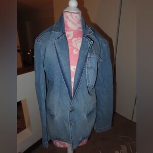 Vintage Light Wash Denim Blazer Jacket - Blue